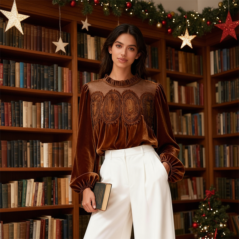 Women's Velvet Trim Lace Blouse – Elegant Flared Long Sleeve Top