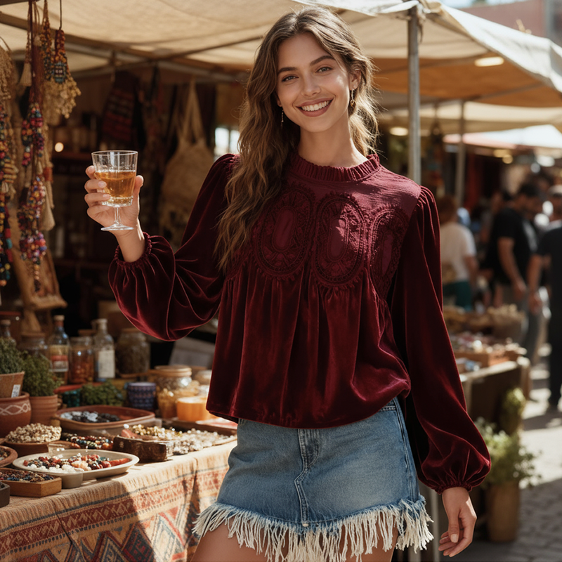 Women's Velvet Trim Lace Blouse – Elegant Flared Long Sleeve Top