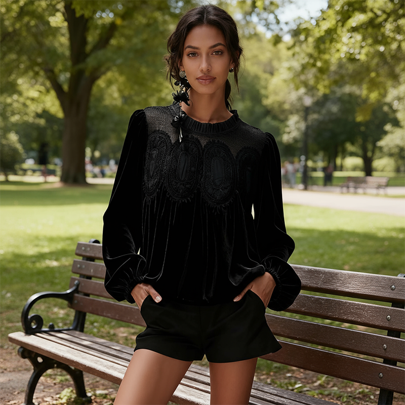 Women's Velvet Trim Lace Blouse – Elegant Flared Long Sleeve Top