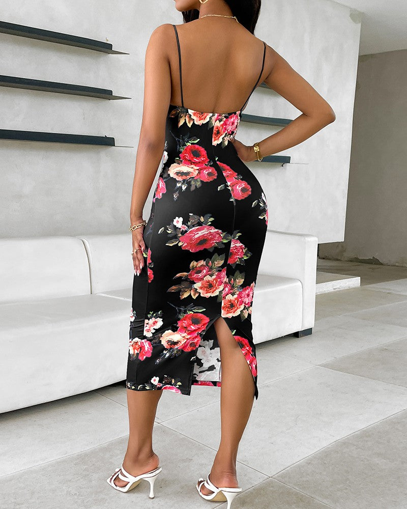 Floral Lace Trim Spaghetti Strap Maxi Dress – Elegant & Feminine
