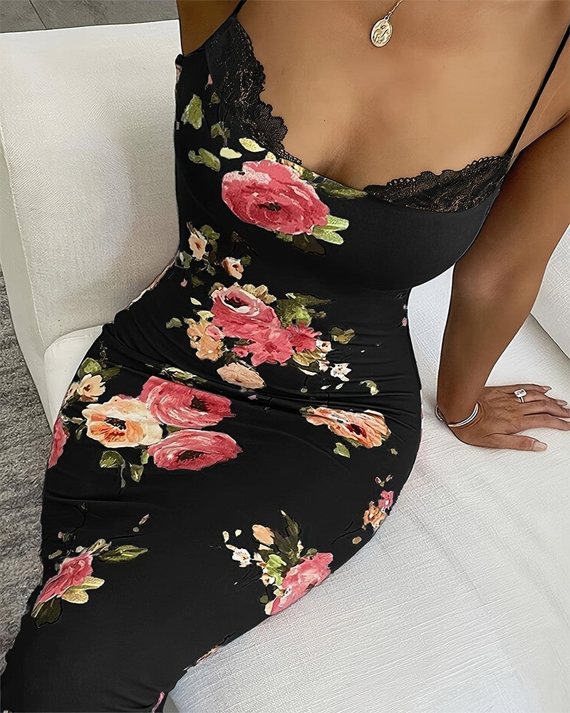 Floral Lace Trim Spaghetti Strap Maxi Dress – Elegant & Feminine