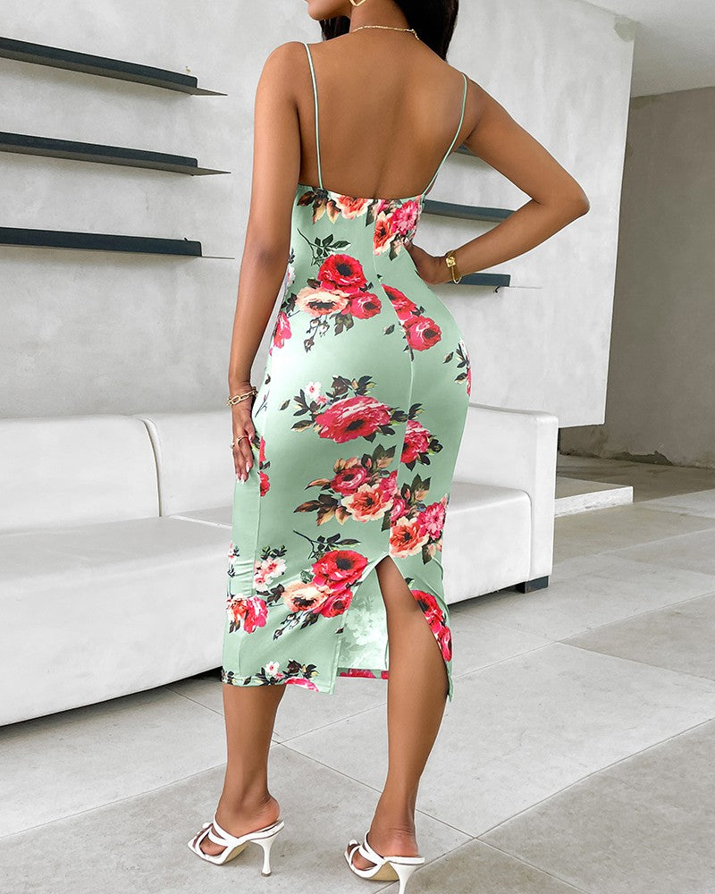 Floral Lace Trim Spaghetti Strap Maxi Dress – Elegant & Feminine