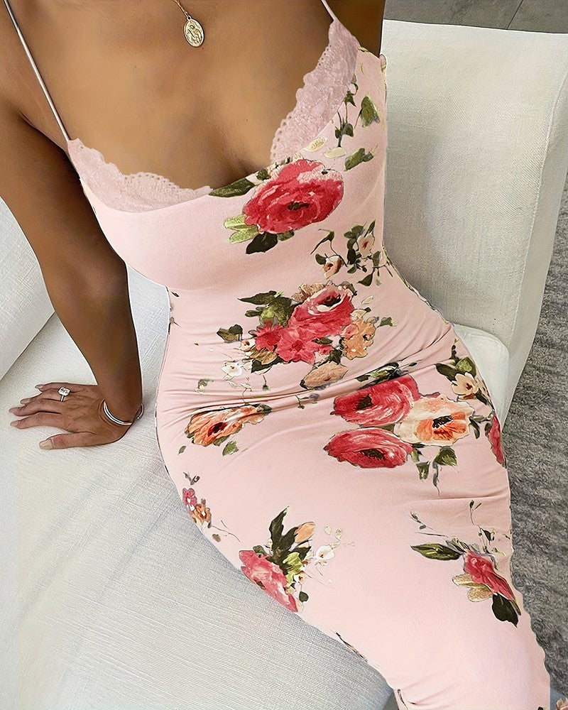 Floral Lace Trim Spaghetti Strap Maxi Dress – Elegant & Feminine