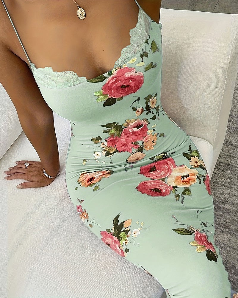Floral Lace Trim Spaghetti Strap Maxi Dress – Elegant & Feminine