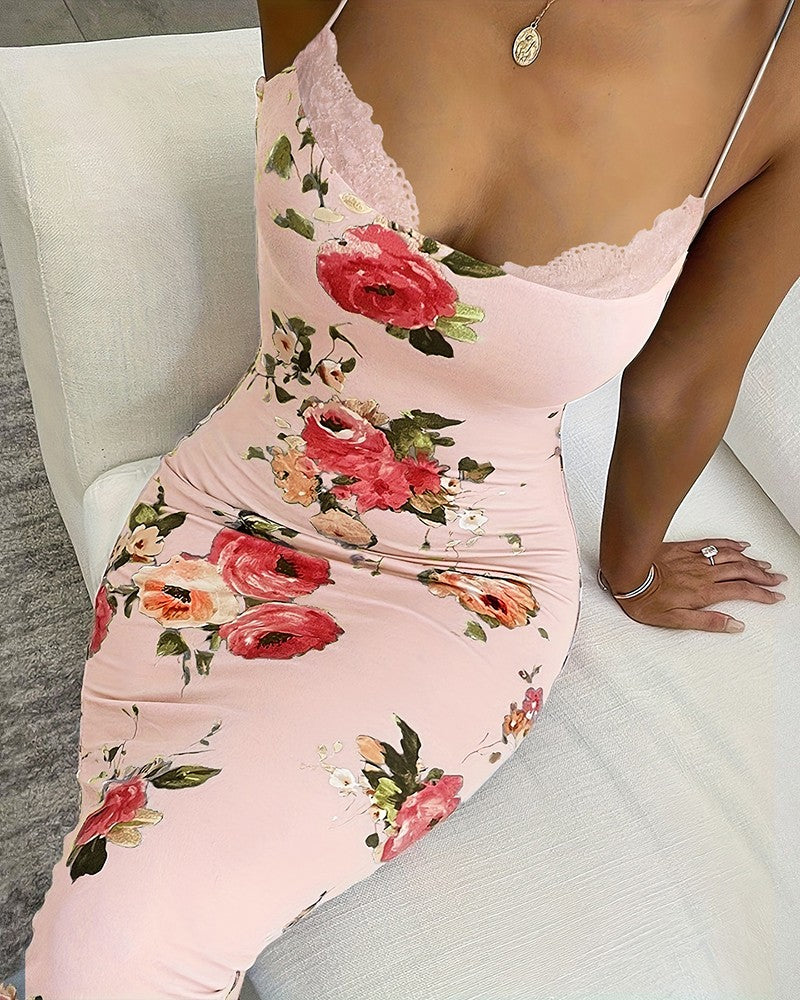 Floral Lace Trim Spaghetti Strap Maxi Dress – Elegant & Feminine