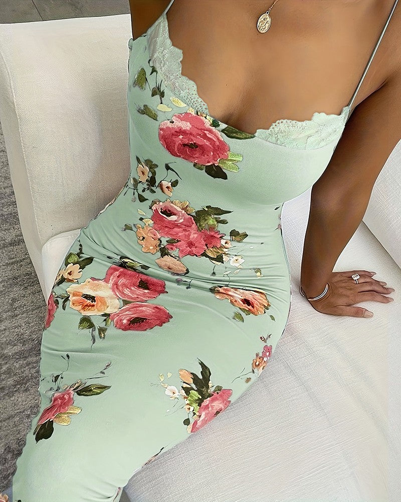 Floral Lace Trim Spaghetti Strap Maxi Dress – Elegant & Feminine