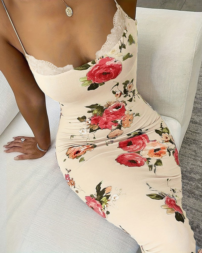 Floral Lace Trim Spaghetti Strap Maxi Dress – Elegant & Feminine