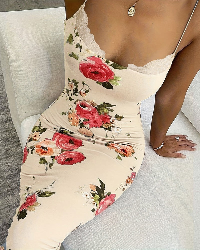 Floral Lace Trim Spaghetti Strap Maxi Dress – Elegant & Feminine