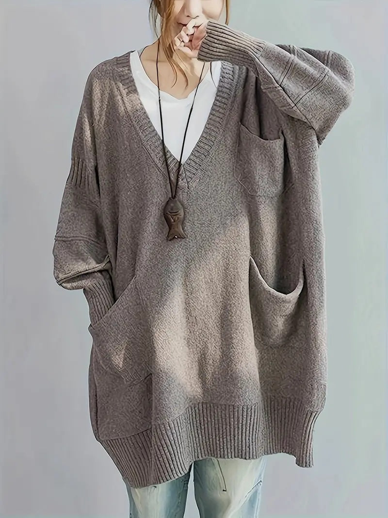 Plus Size, Women's Oversized V-Neck Sweater - Soft Cardigan Sweater with Batwing Sleeves