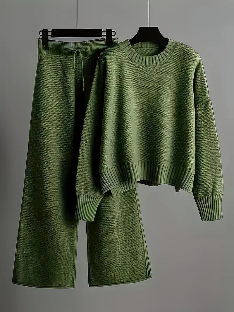 Ladies' Early Autumn New Fashion Sweater Two-piece Set: Round Neck Drop Shoulder Long Sleeve Pullover Top + Straight Wide Leg Pants Combination