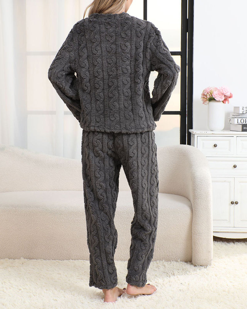 Cozy Coral Fleece Jacquard Loungewear Set