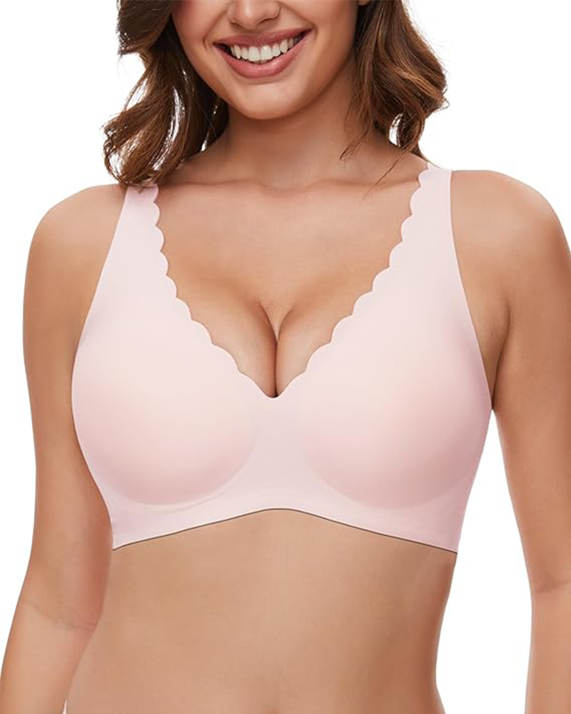 Seamless Deep V Wireless Push-Up Bra – Scalloped, Soft Support, Back Smoothing Bralette