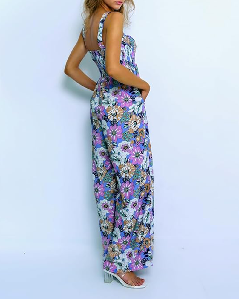 Women's Floral Smocked Wide-Leg Jumpsuit – Sleeveless Summer Romper with Pockets