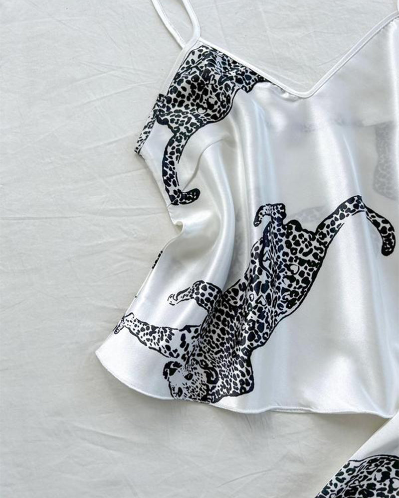 Sexy Leopard Print Satin Cami and Long Pants Pajama Set