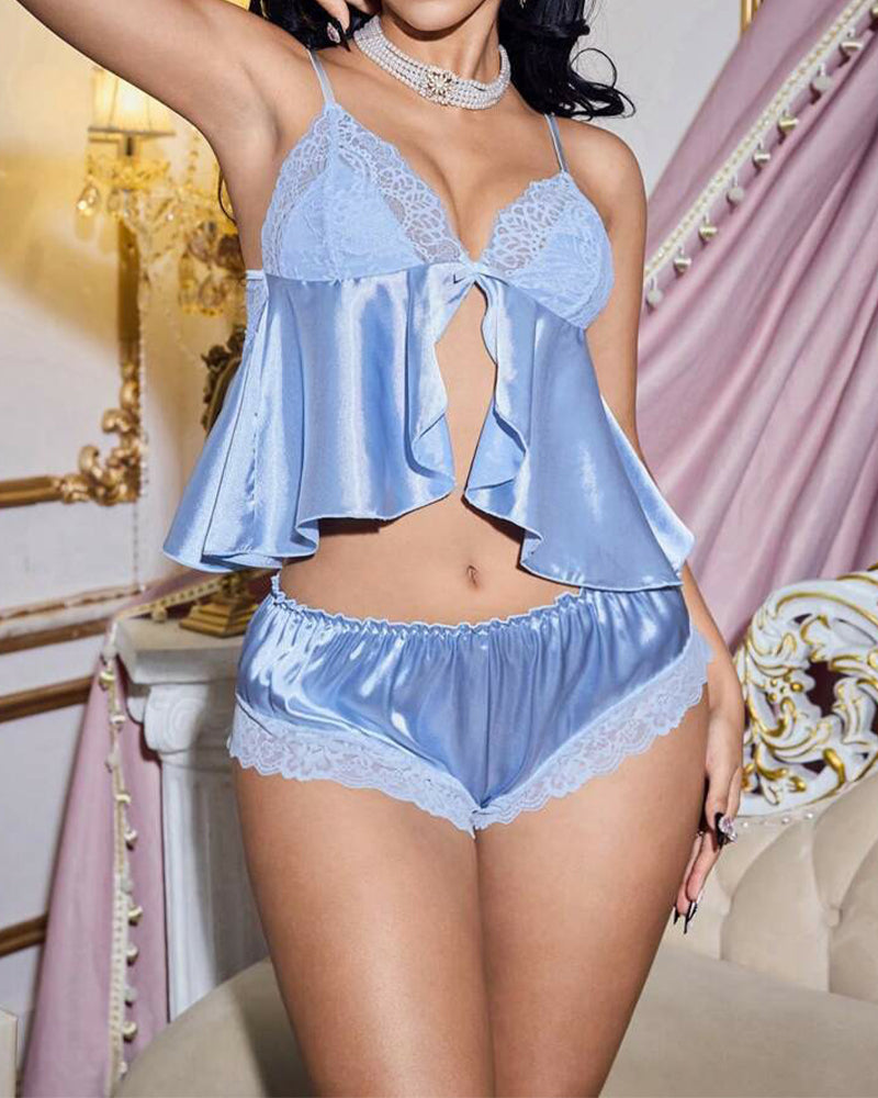 Sexy Lace Pajama Set with Ruffle Trim