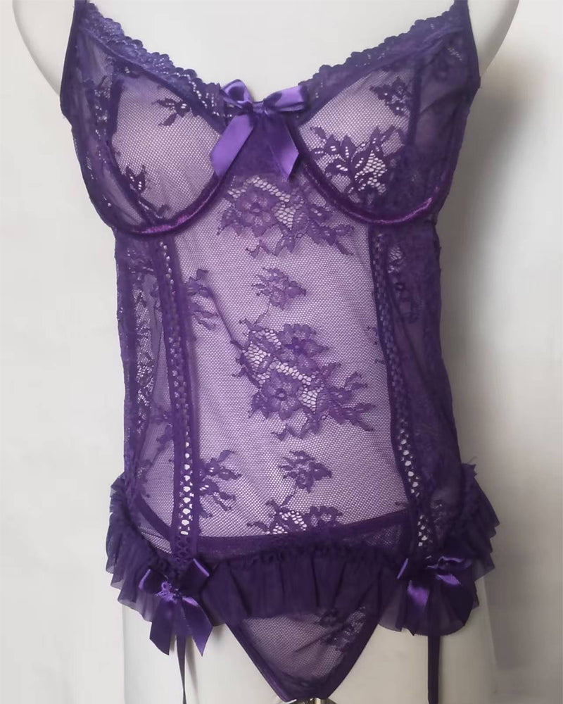 Sexy Floral Lace Lingerie Set – Sheer Deep V Bodysuit
