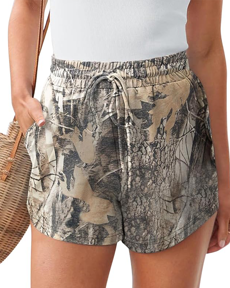 Women’s Camo Sweat Shorts – High Waist Drawstring Lounge Shorts with Pockets