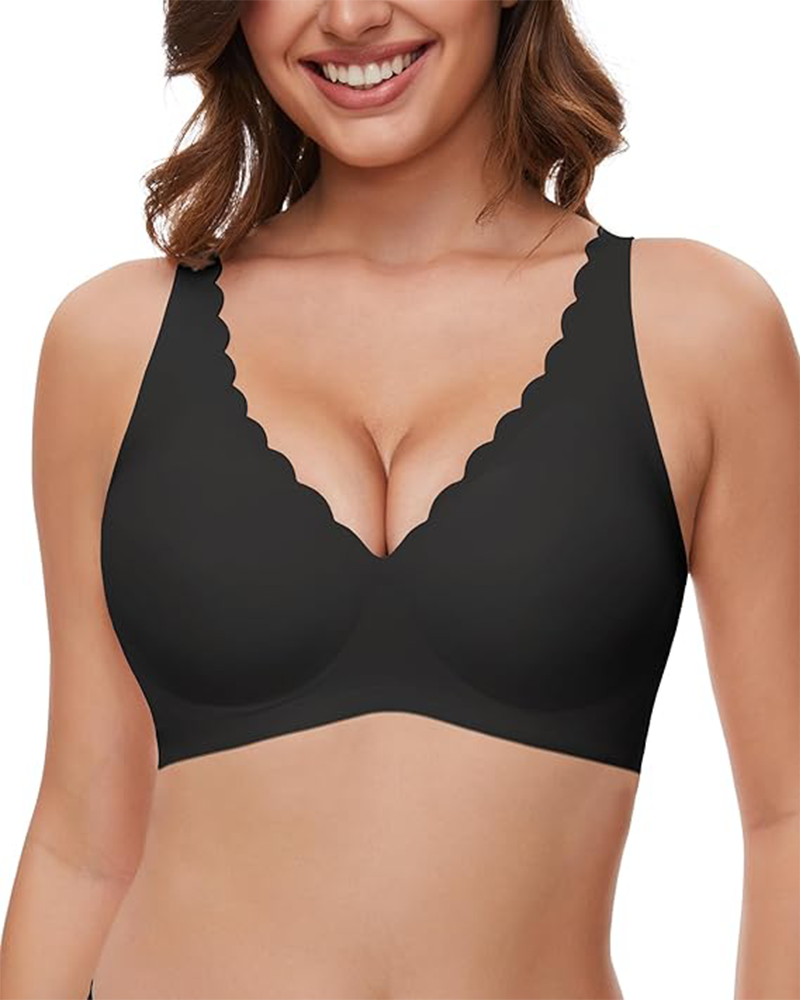 Seamless Deep V Wireless Push-Up Bra – Scalloped, Soft Support, Back Smoothing Bralette