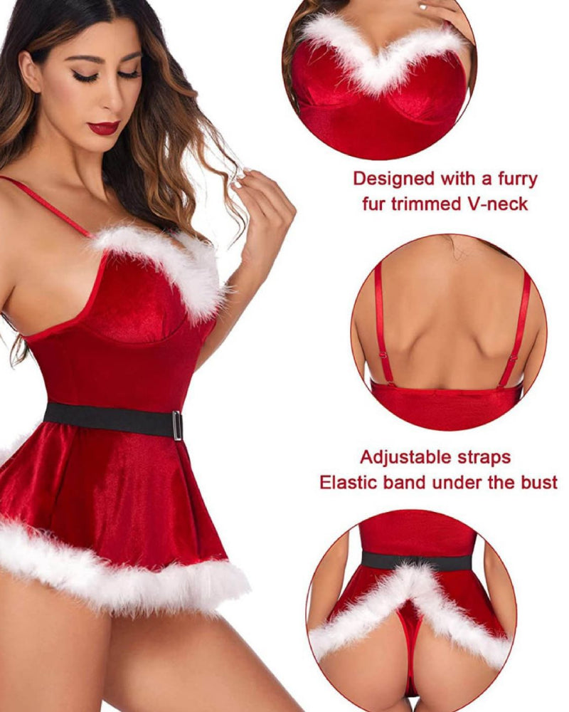 Sexy Christmas Velvet Mini Dress with Matching Thong
