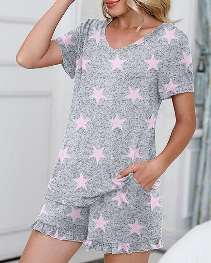 Women’s Casual Short Sleeve Pajama Set with Drawstring Shorts