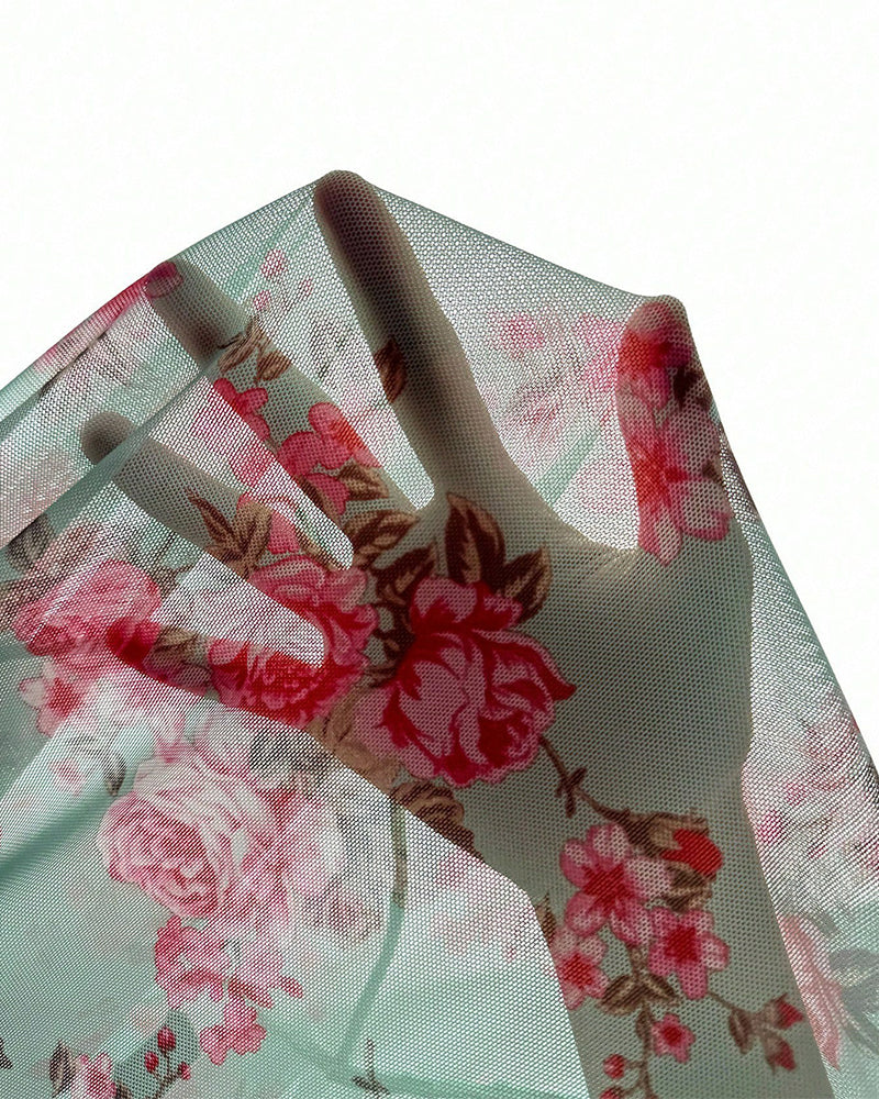 Sexy Floral Mesh Camisole Nightdress with Bow & Matching Thong