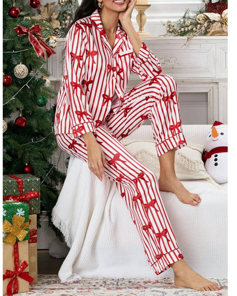 Cozy Striped Pajama Set – Long Sleeve Top with Cute Bow Print