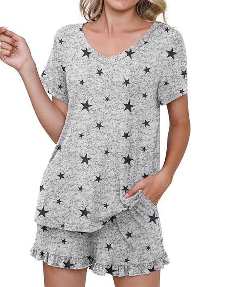 Women’s Casual Short Sleeve Pajama Set with Drawstring Shorts