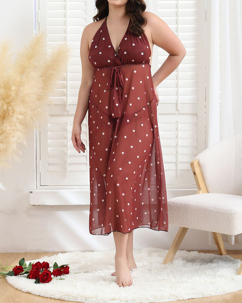 Plus Size Polka Dot Maxi Dress with Bow Tie