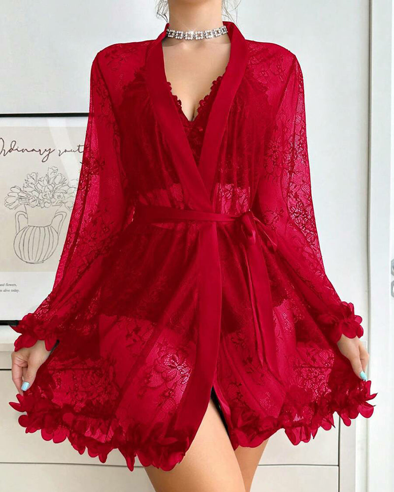 Sexy French-Style Sheer Lace Lingerie Set – Camisole, Shorts & Robe