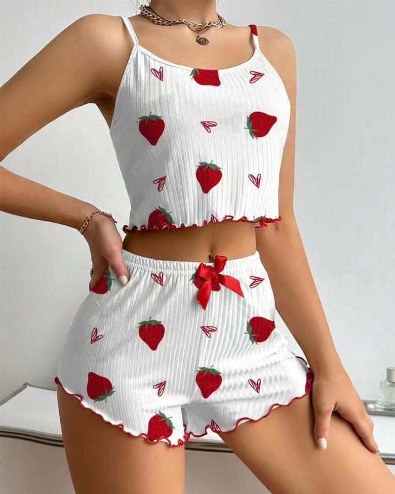 Cute Strawberry Print Cami & Shorts Pajamas