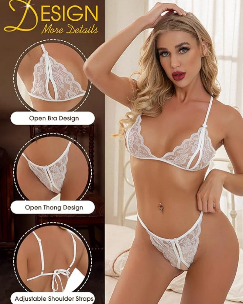 Lace Open Crotch Lingerie Set – Sexy 3-Point Bra & Thong Two-Piece for Women