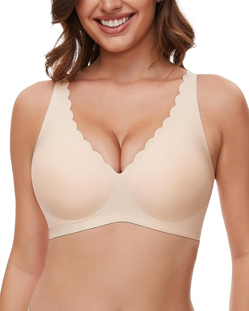 Seamless Deep V Wireless Push-Up Bra – Scalloped, Soft Support, Back Smoothing Bralette