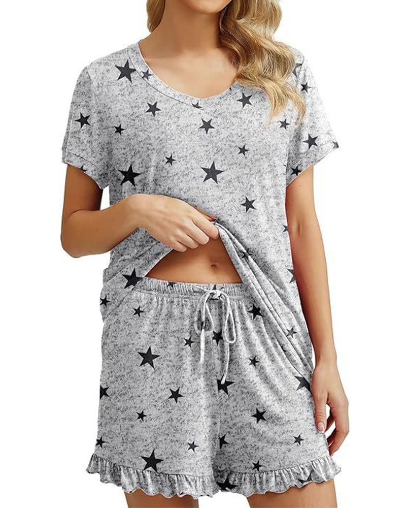 Women’s Casual Short Sleeve Pajama Set with Drawstring Shorts