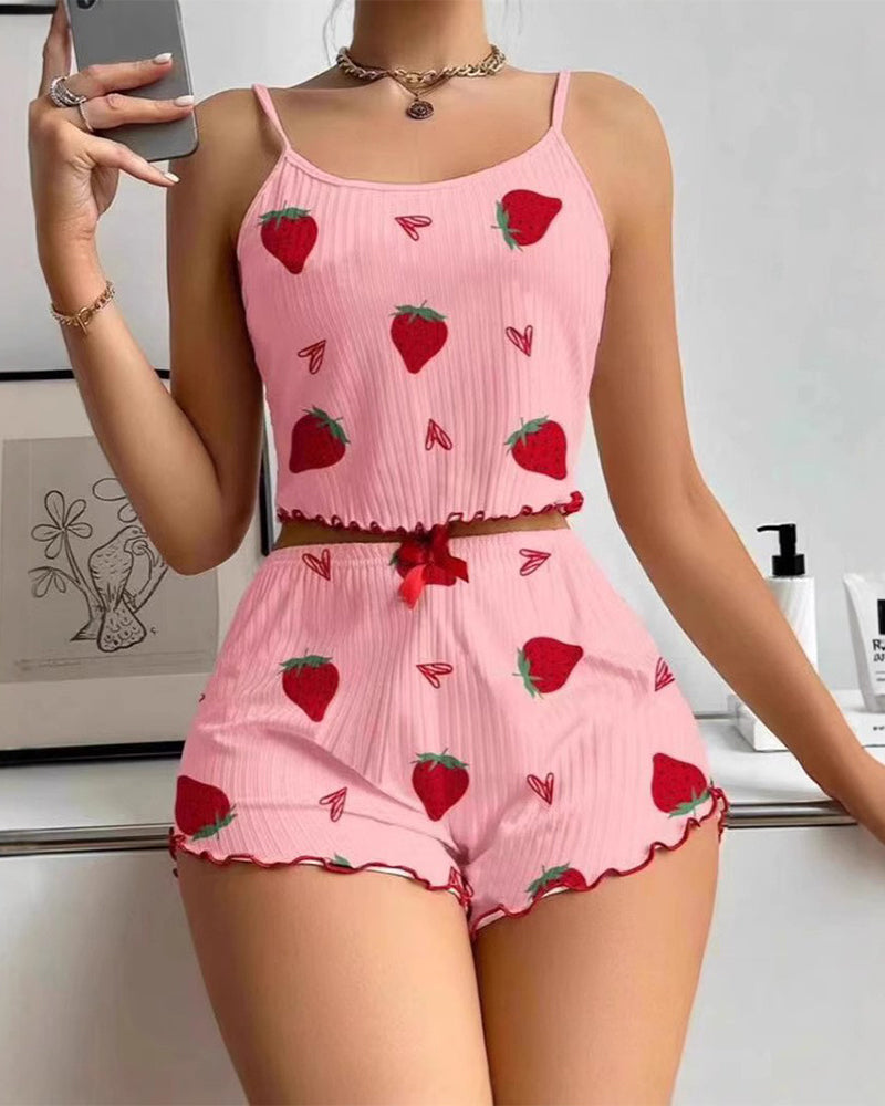 Cute Strawberry Print Cami & Shorts Pajamas