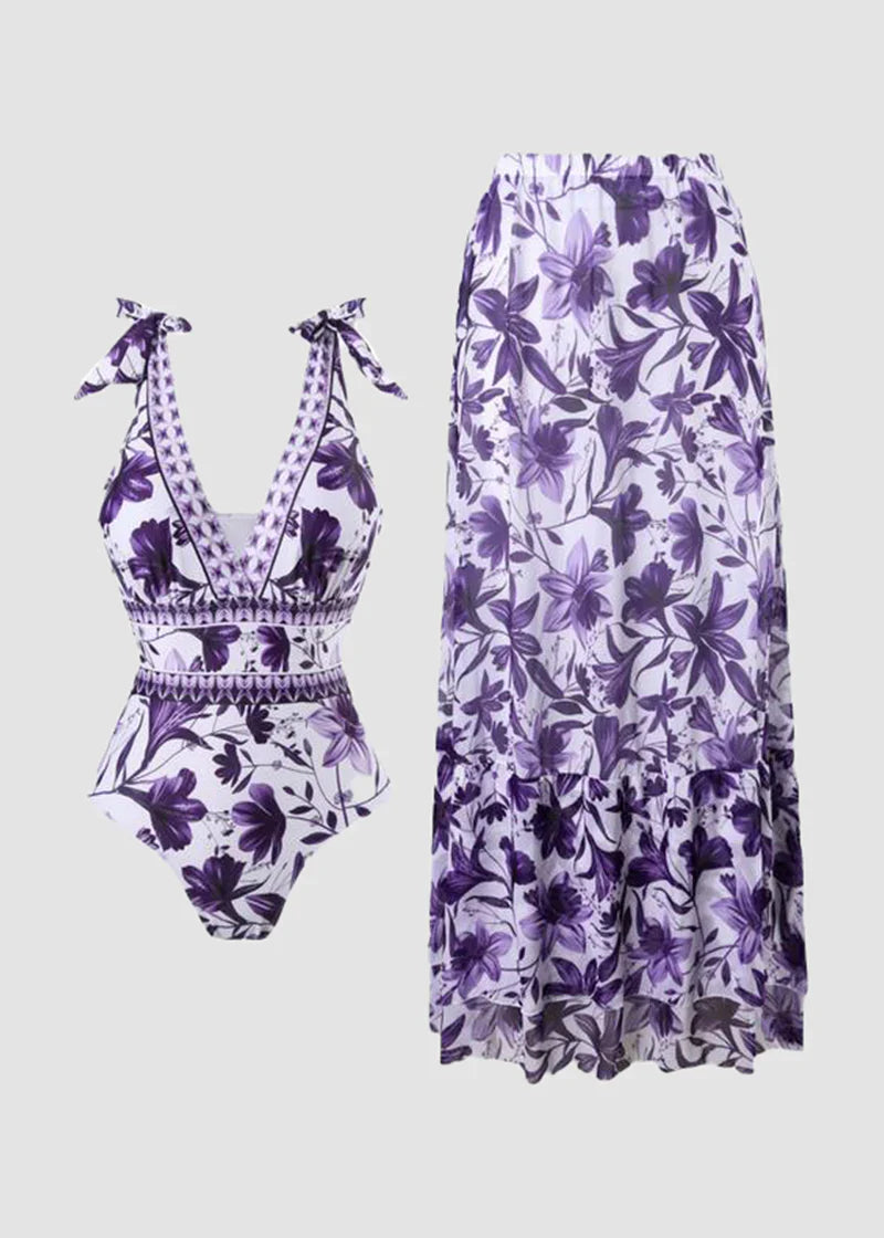 V Neck Lace Up Printed One Piece Swimsuit and Skirt