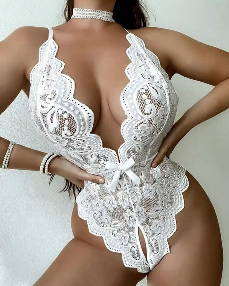 Sexy Backless Lace Halter Jumpsuit Lingerie