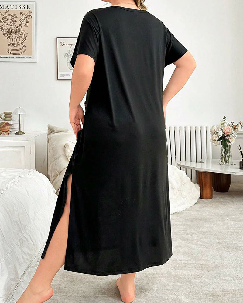 Plus Size Leopard Print V-Neck Short Sleeve Maxi Dress