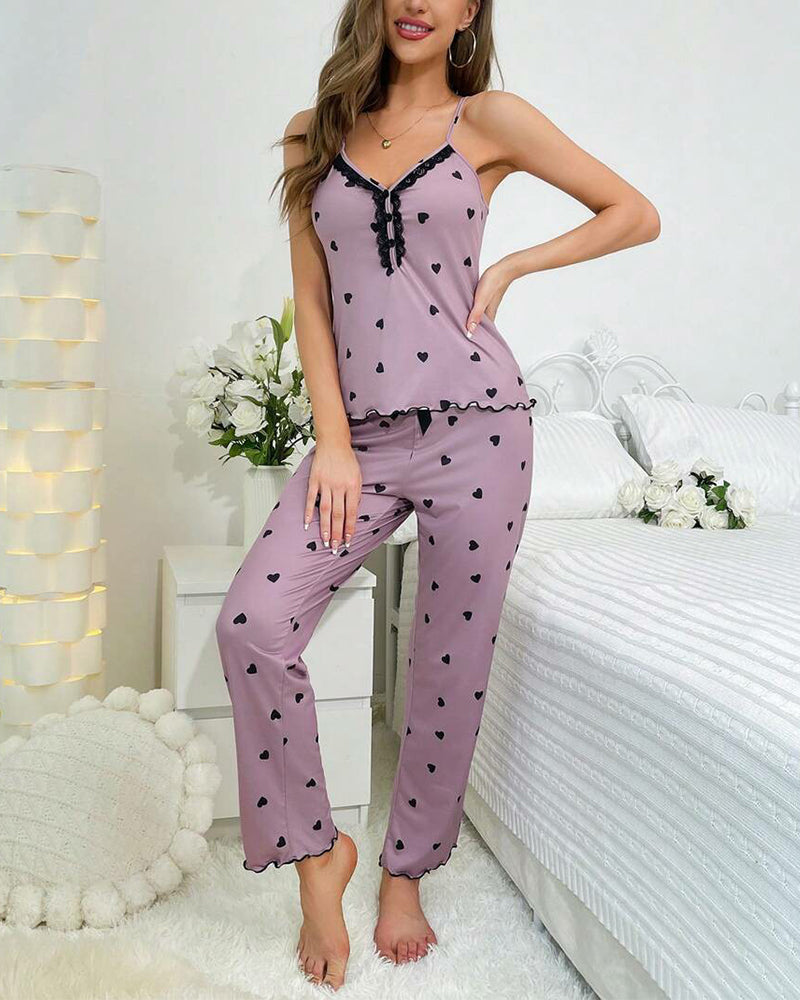 Heart-Print Long Pants Pajama Set – Cozy Loungewear