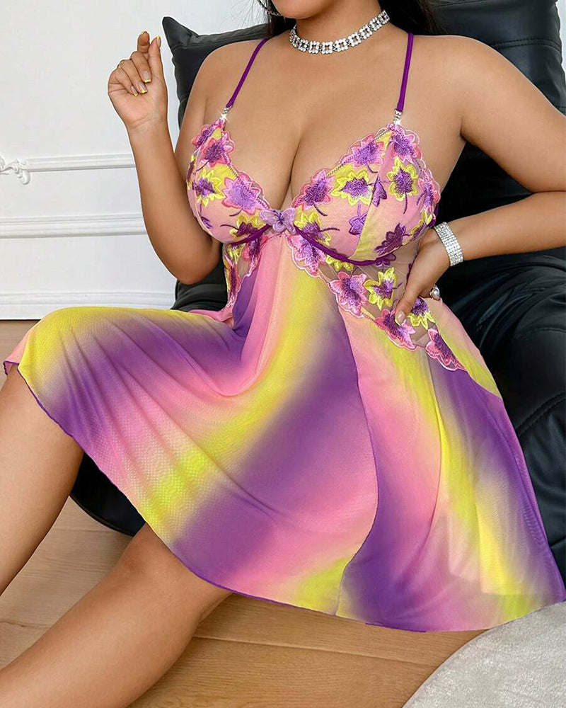 Plus Size Rainbow Ombre Camisole Nightgown – Backless & Floral Mesh Design