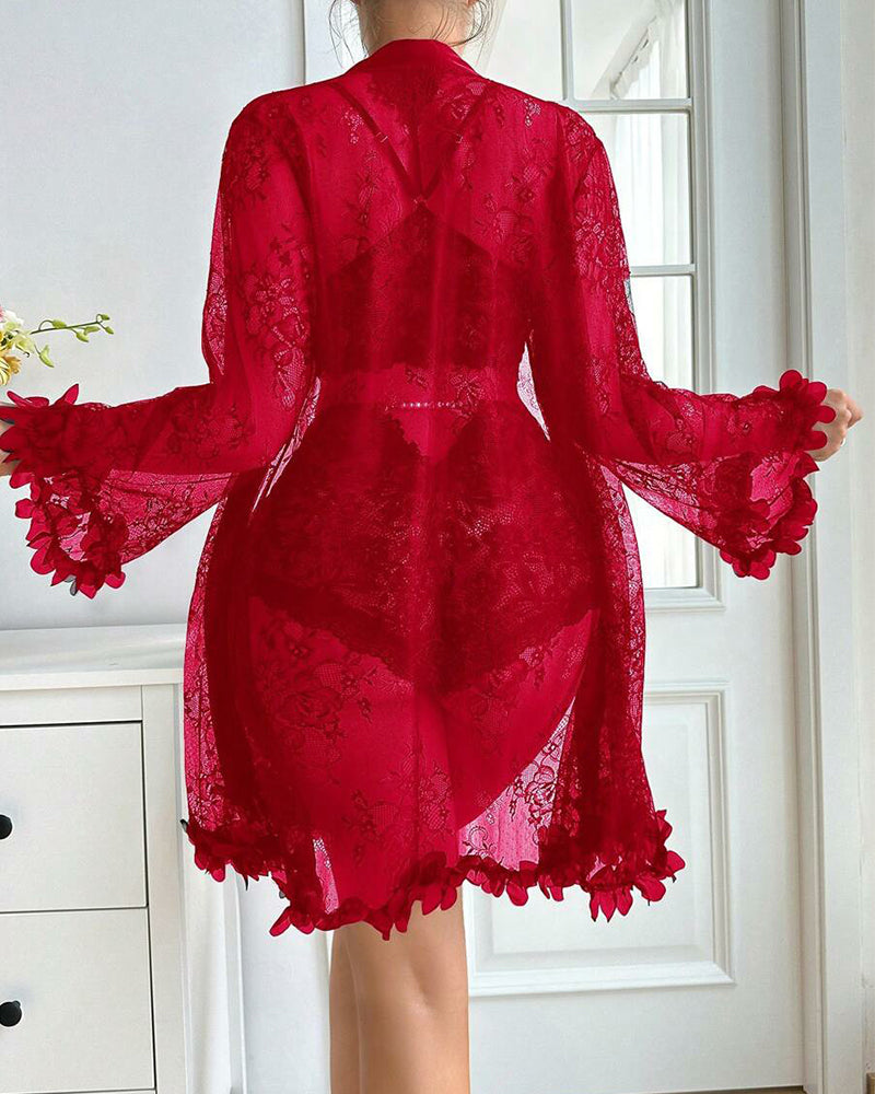 Sexy French-Style Sheer Lace Lingerie Set – Camisole, Shorts & Robe