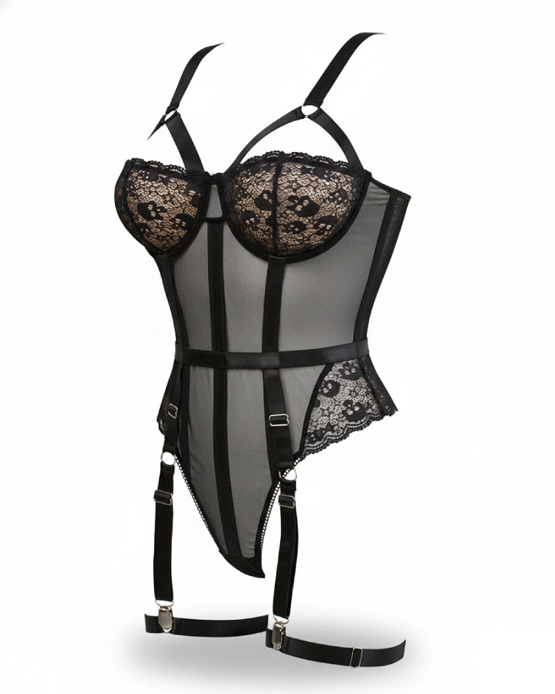 Sexy One-Piece Teddy Lingerie with Attached Garter Belt