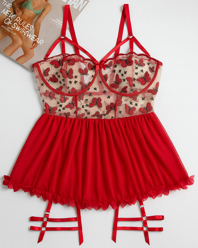 Plus Size Seductive Mesh Babydoll Lingerie Set with Butterfly Embroidery