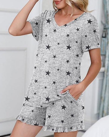 Women’s Casual Short Sleeve Pajama Set with Drawstring Shorts