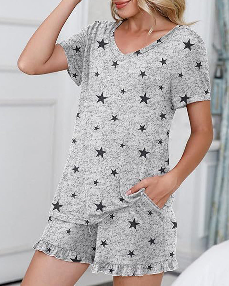 Women’s Casual Short Sleeve Pajama Set with Drawstring Shorts