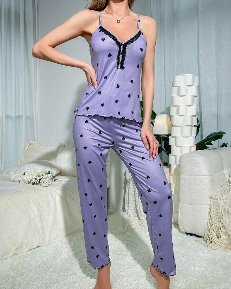 Heart-Print Long Pants Pajama Set – Cozy Loungewear