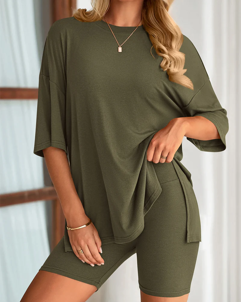 Casual Oversized 2-Piece Lounge Set with Crewneck & Split Hem