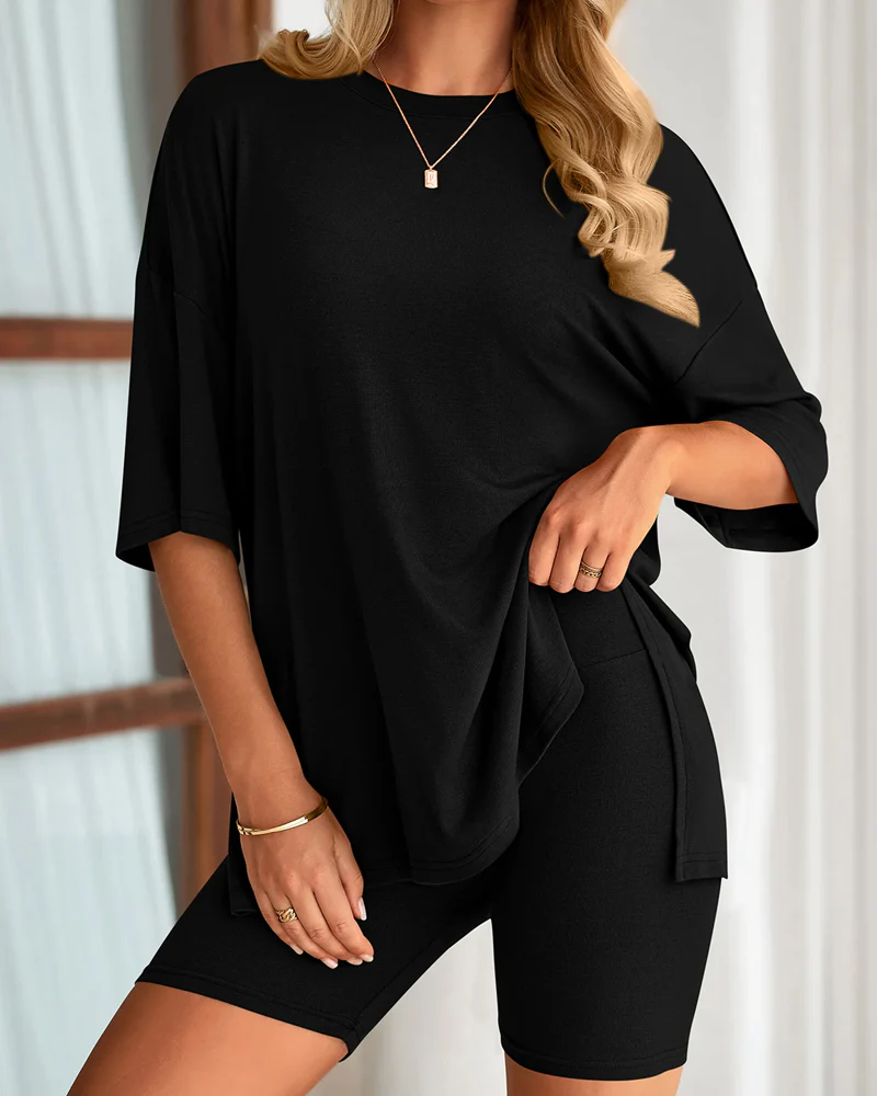 Casual Oversized 2-Piece Lounge Set with Crewneck & Split Hem