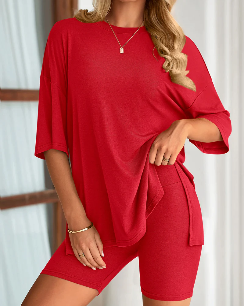 Casual Oversized 2-Piece Lounge Set with Crewneck & Split Hem