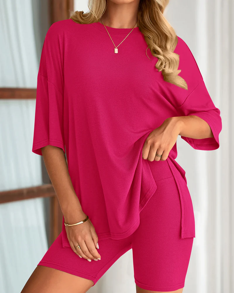 Casual Oversized 2-Piece Lounge Set with Crewneck & Split Hem