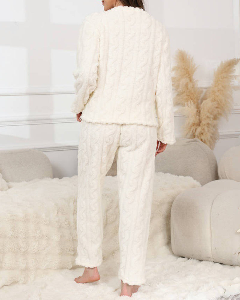 Cozy Coral Fleece Jacquard Loungewear Set